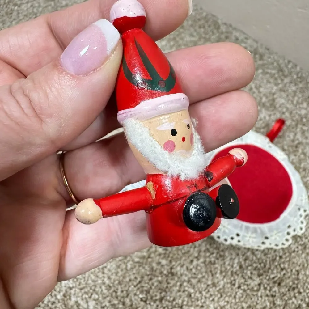 VTG Christmas Ornaments Santa Red Green Handmade Painted Set of 3